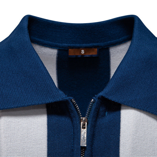 Men's short-sleeved fine knit half-zip polo with distinctive block stripes and Kent collar StylebySassy
