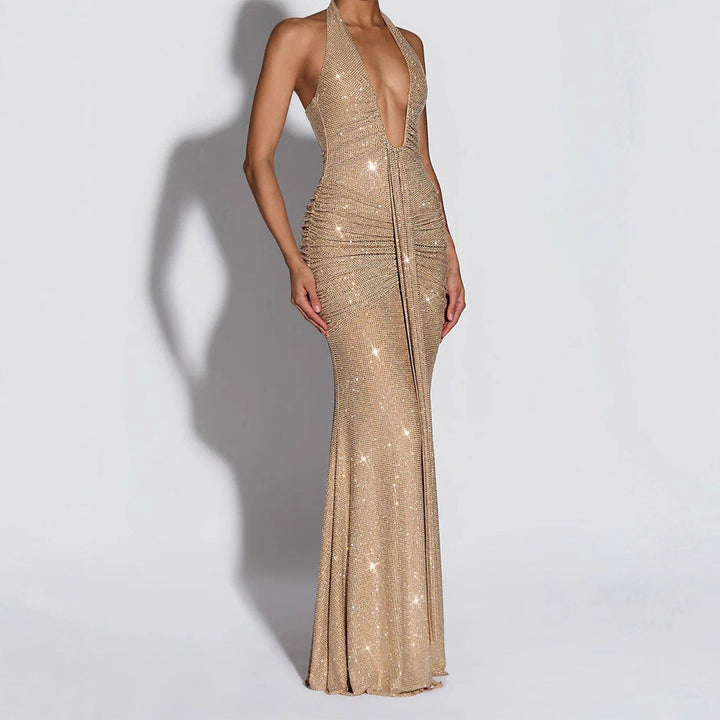 Women's Glamorous Evening Dress with Deep V-Neck and Sparkling Details StylebySassy