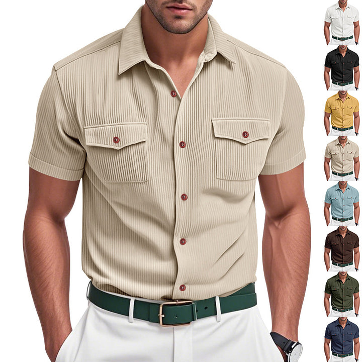 Men's casual short-sleeve shirt with lapel collar, patch flap pockets and fine pinstripe texture StylebySassy