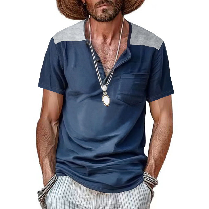 Men's short-sleeve henley shirt made of soft cotton blend with chest pocket and shoulder yoke StylebySassy
