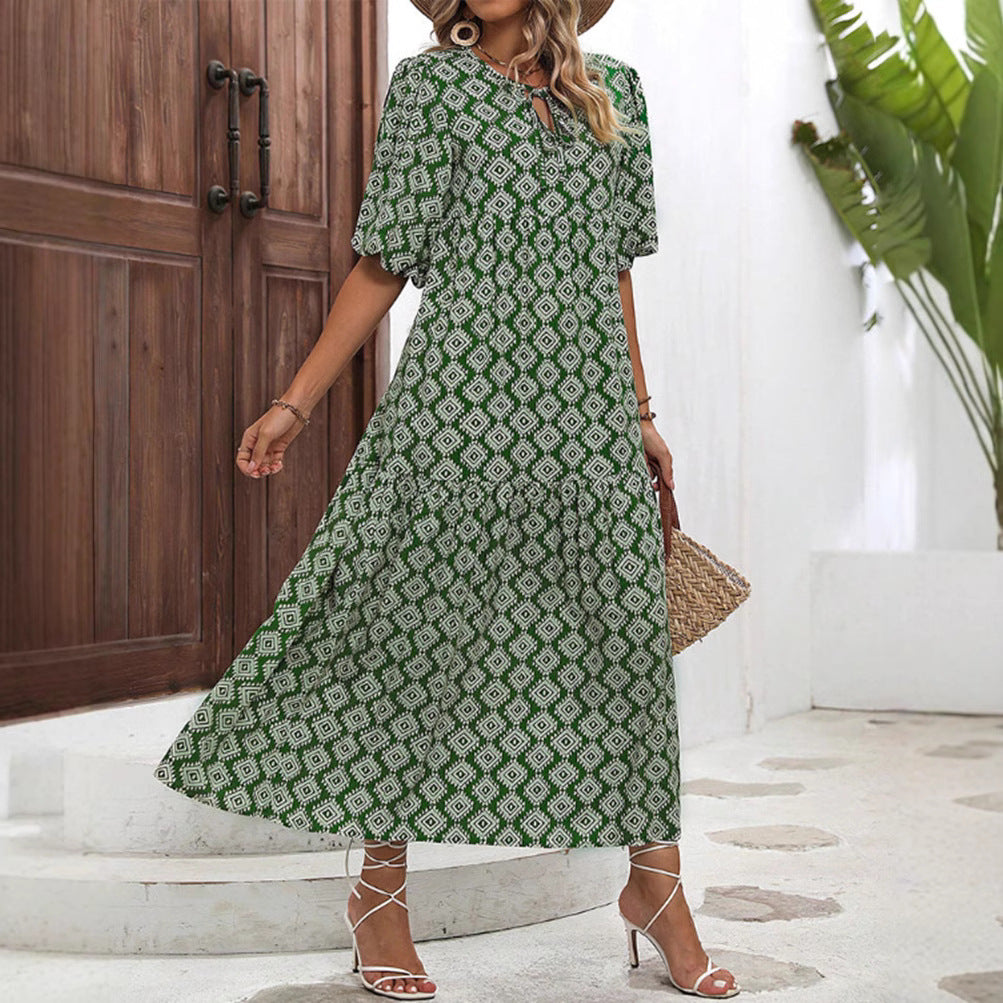 Women’s airy maxi dress with geometric ethnic print, gathered tiered skirt and keyhole neckline StylebySassy