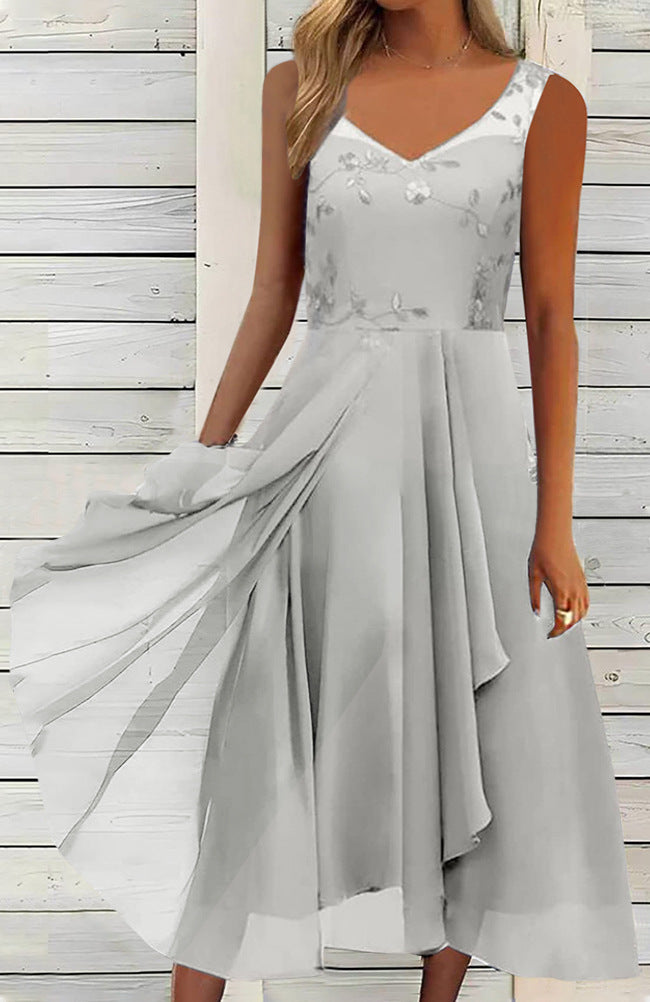 Women A-line chiffon dress with floral embroidered bodice, V-neck, draped godet swing and concealed side pockets StylebySassy