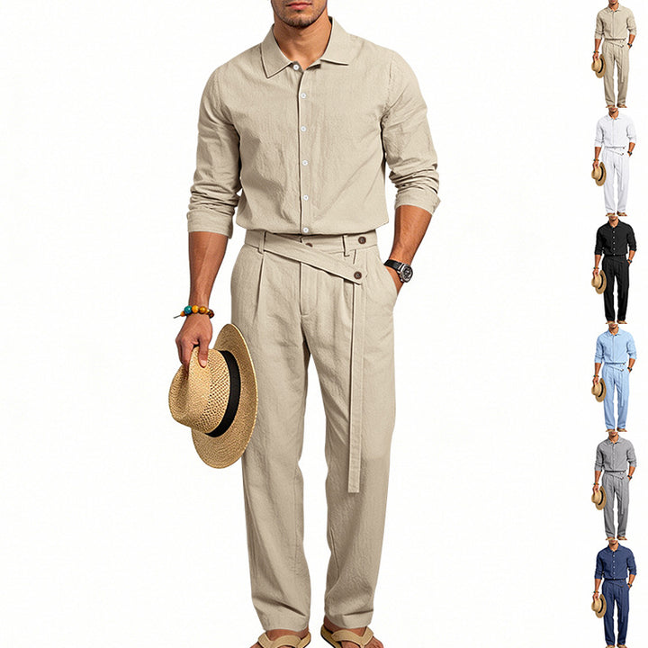 Men's elegant linen two-piece set with shirt and high-waisted pants with tie belt StylebySassy