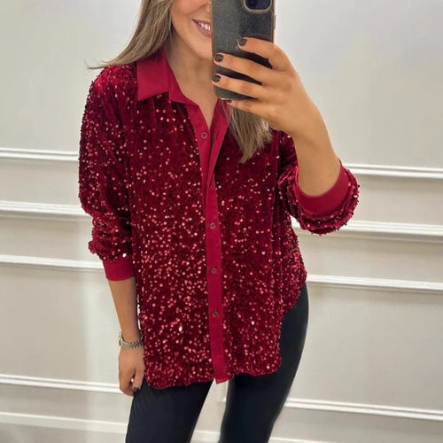 Women's shimmering sequin shirt blouse with collar, button placket, and elastic cuffs StylebySassy