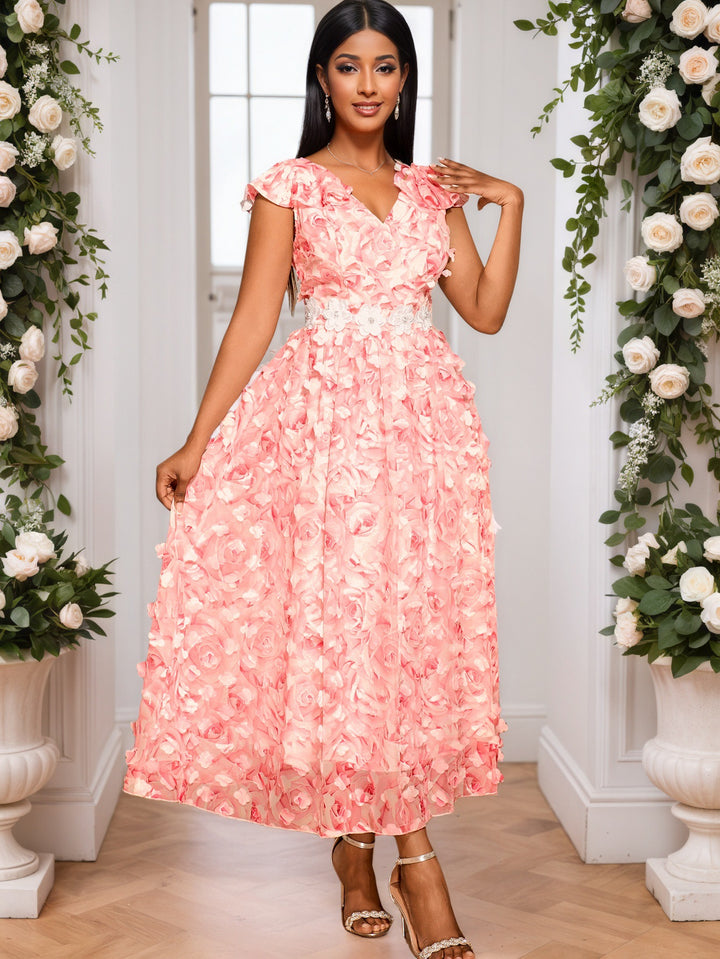 Women Elegant Maxi Dress with Floral Ruffles