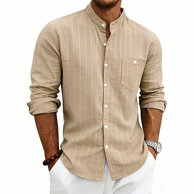 Men's breathable pinstripe long-sleeve shirt with stand collar, chest pocket, and rounded hem StylebySassy