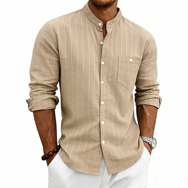 Men's breathable pinstripe long-sleeve shirt with stand collar, chest pocket, and rounded hem StylebySassy