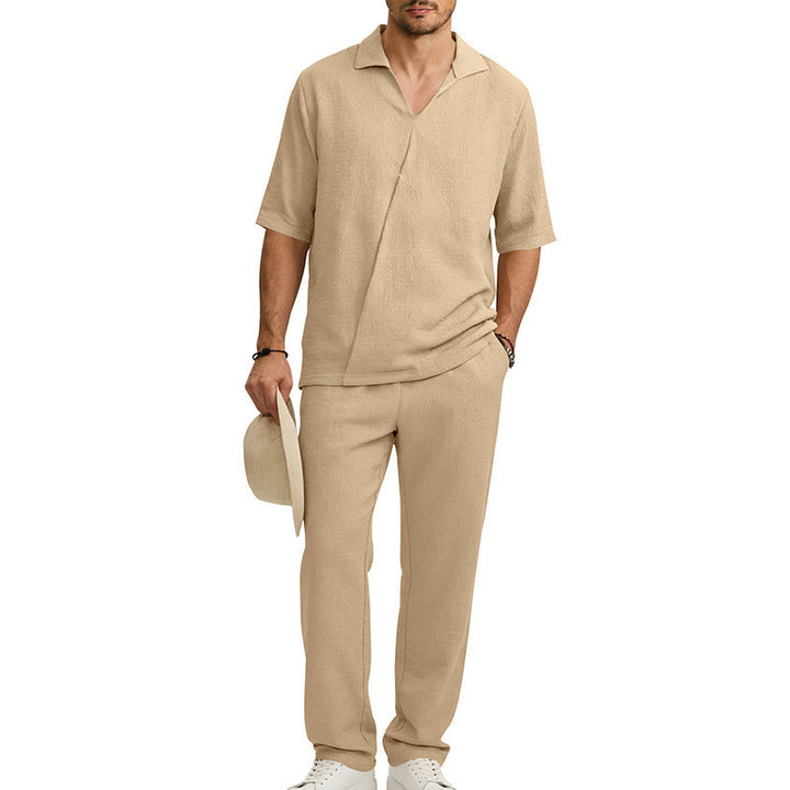 Men's crepe structure leisure set with open lapel collar and straight comfort trousers with side pockets StylebySassy