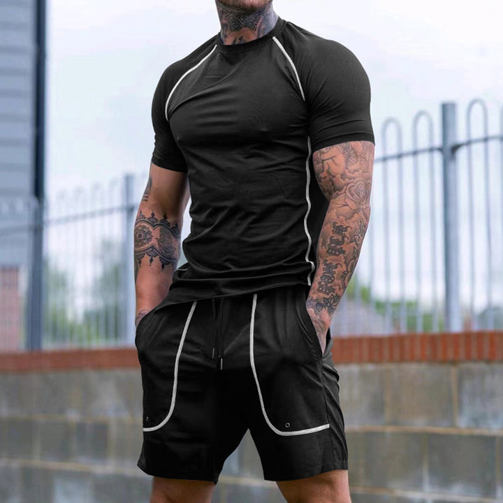 Men's Raglan-Fit Short Sleeve Shirt and Drawstring Shorts Set made of breathable stretch jersey with contrast stitching StylebySassy