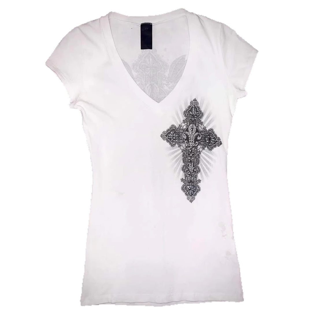 Women V-Neck T-Shirt with Artistic Cross Design StylebySassy