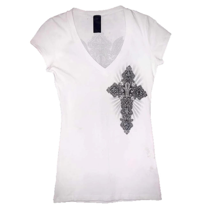 Women V-Neck T-Shirt with Artistic Cross Design StylebySassy
