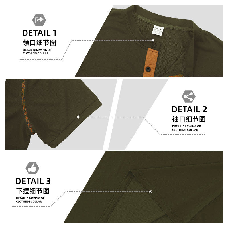 Men's modern short-sleeve Henley with stand collar, contrast stitching, and patch chest pocket StylebySassy