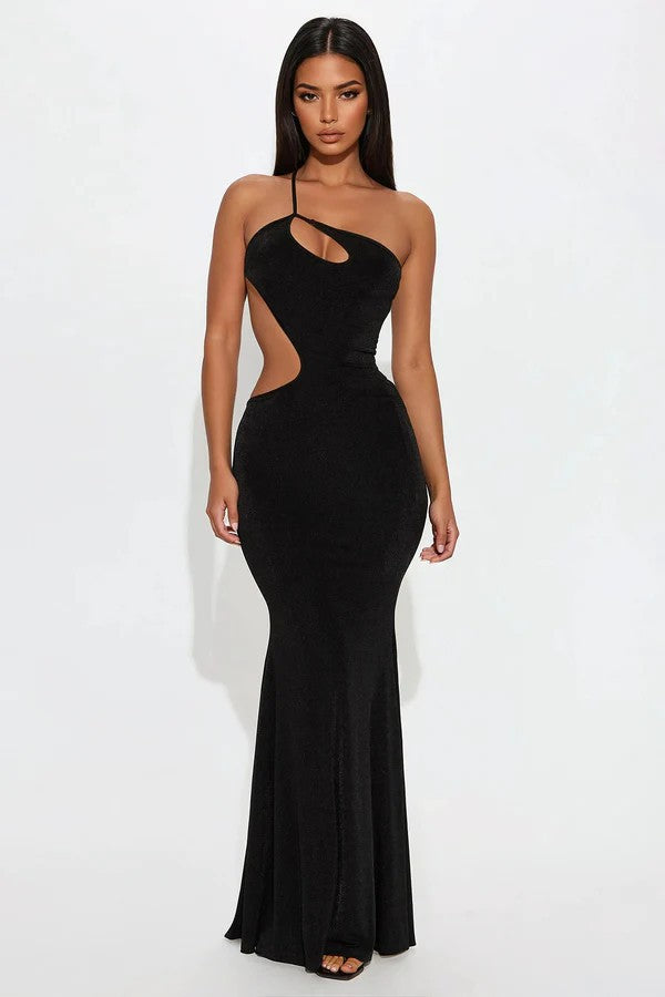 Women's fitted maxi dress with deep neckline and cut-out details StylebySassy