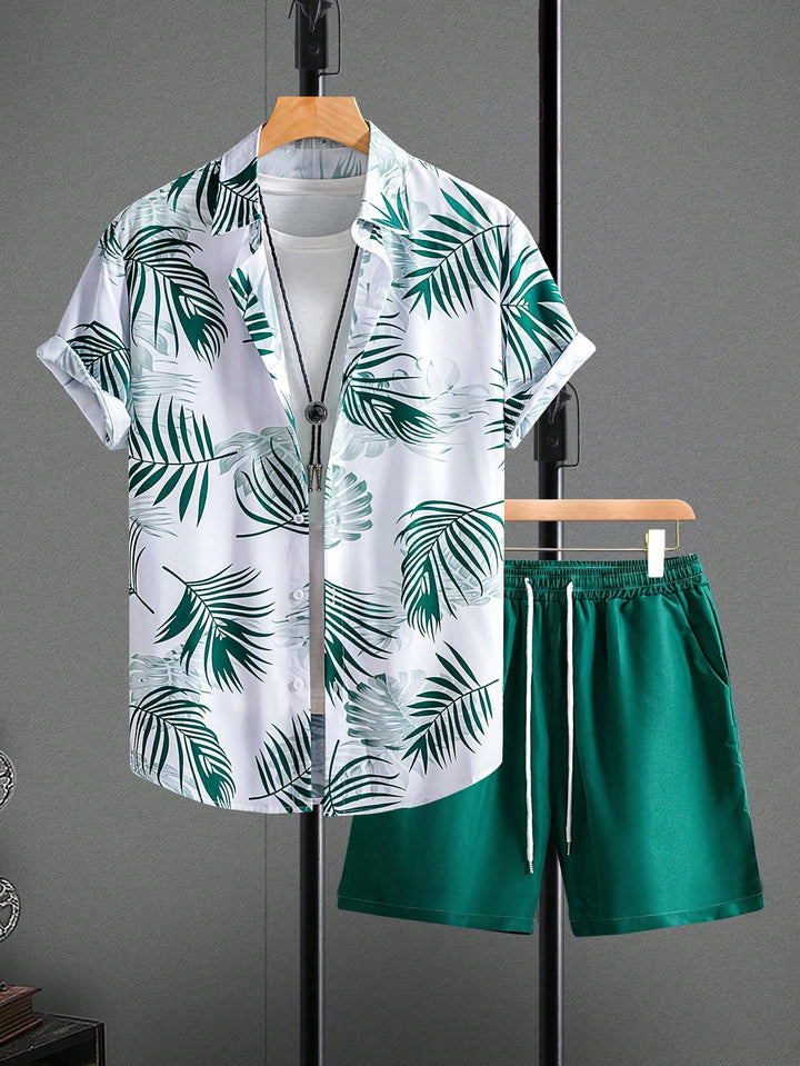 Men's vacation set with short-sleeved lapel shirt in palm print and elastic drawstring bermuda StylebySassy