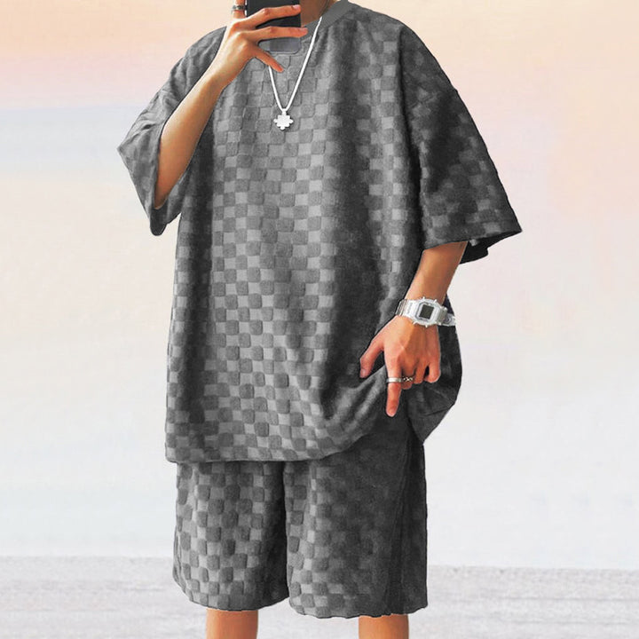 Unisex extra-large leisure set made of textured waffle quality with round neck and loose-fitting bermuda shorts StylebySassy