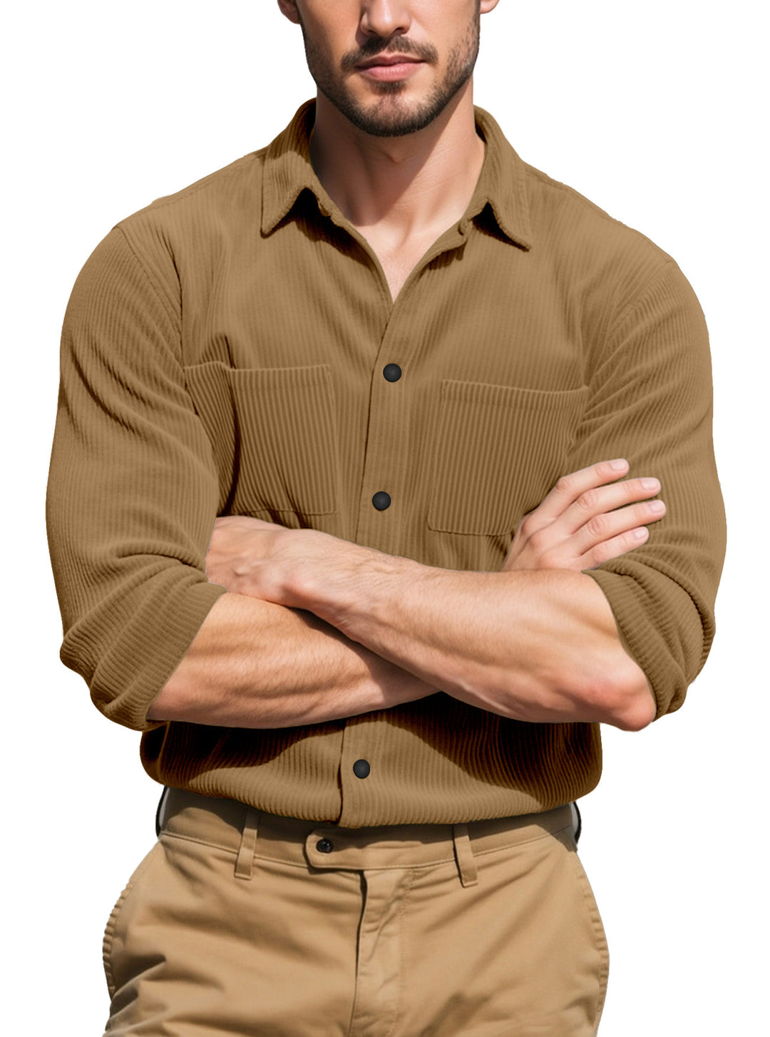 Men's padded corduroy overshirt jacket with visible button placket and chest welt pockets StylebySassy