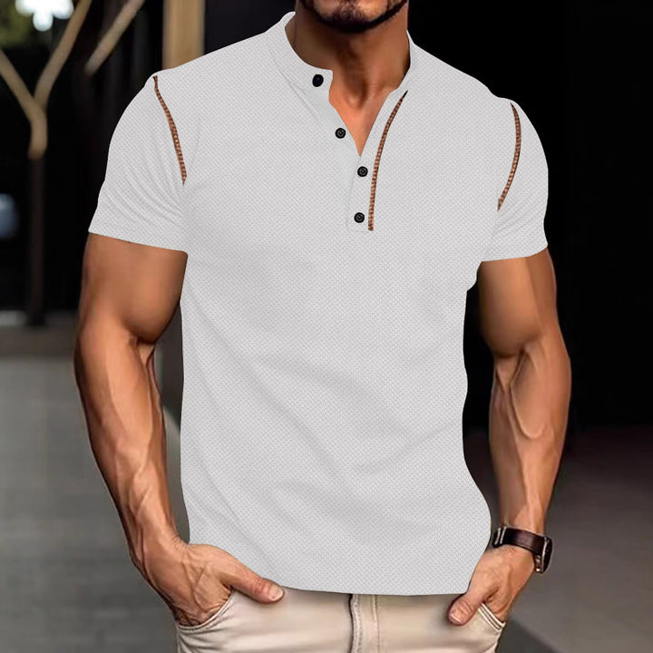 Men's tapered structured polo shirt with stand-up collar and decorative piping StylebySassy