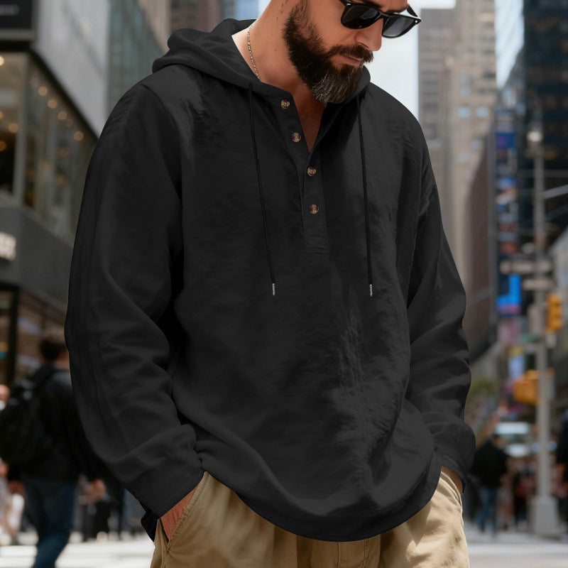 Men's lightweight hooded shirt with button placket made of linen blend and relaxed fit StylebySassy