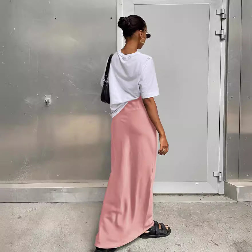 Ladies Long Satin Skirt with High Slit StylebySassy