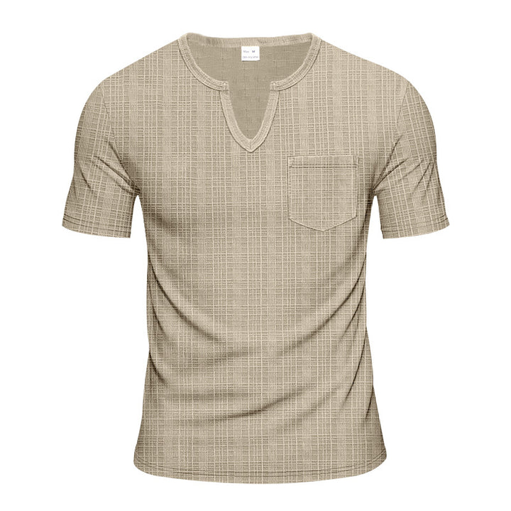 Men's short-sleeved shirt with slit V-neck structured linen look and patch chest pocket StylebySassy