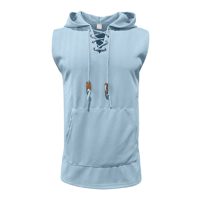 Men sleeveless hoodie sweatshirt with laced collar and kangaroo pocket StylebySassy