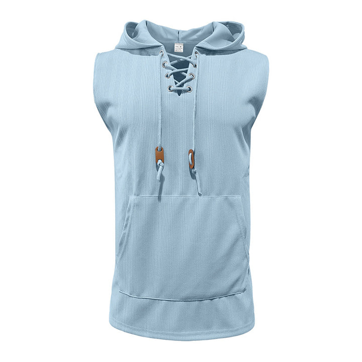 Men sleeveless hoodie sweatshirt with laced collar and kangaroo pocket StylebySassy