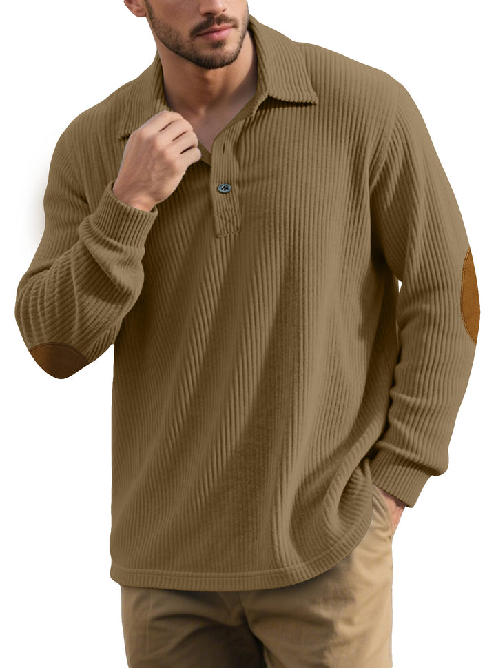 Men's ribbed casual polo with kent collar, short button placket and velour elbow patches StylebySassy