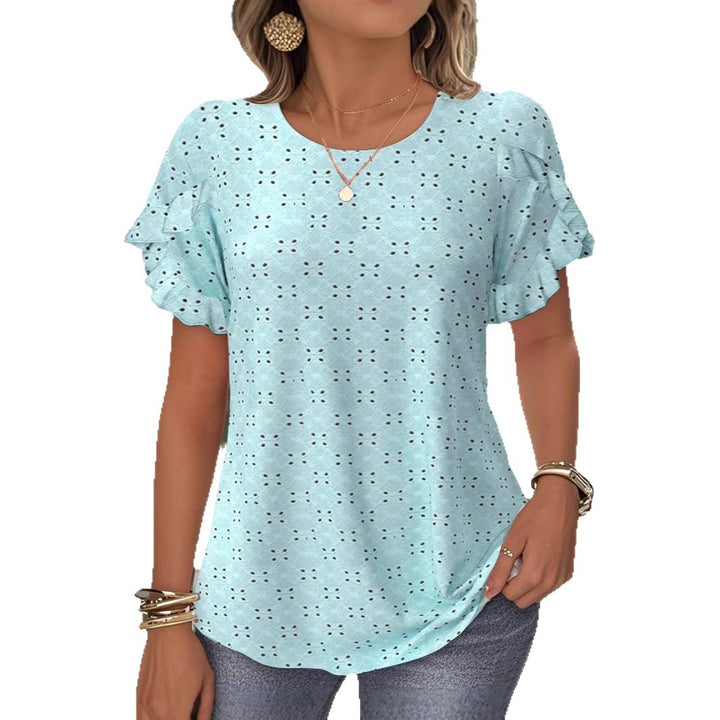 Women's Broderie Anglaise Blouse with Double Ruffle Sleeves and Casual Hip Length StylebySassy