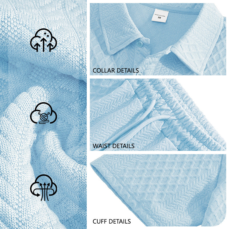 Men's elegant leisure two-piece made of textured knit with polo collar short-sleeve shirt and drawstring Bermuda StylebySassy