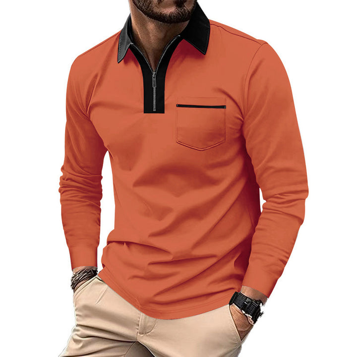 Men's elegant long-sleeve polo shirt with distinctive stand-up collar metal short zip and chest pocket StylebySassy