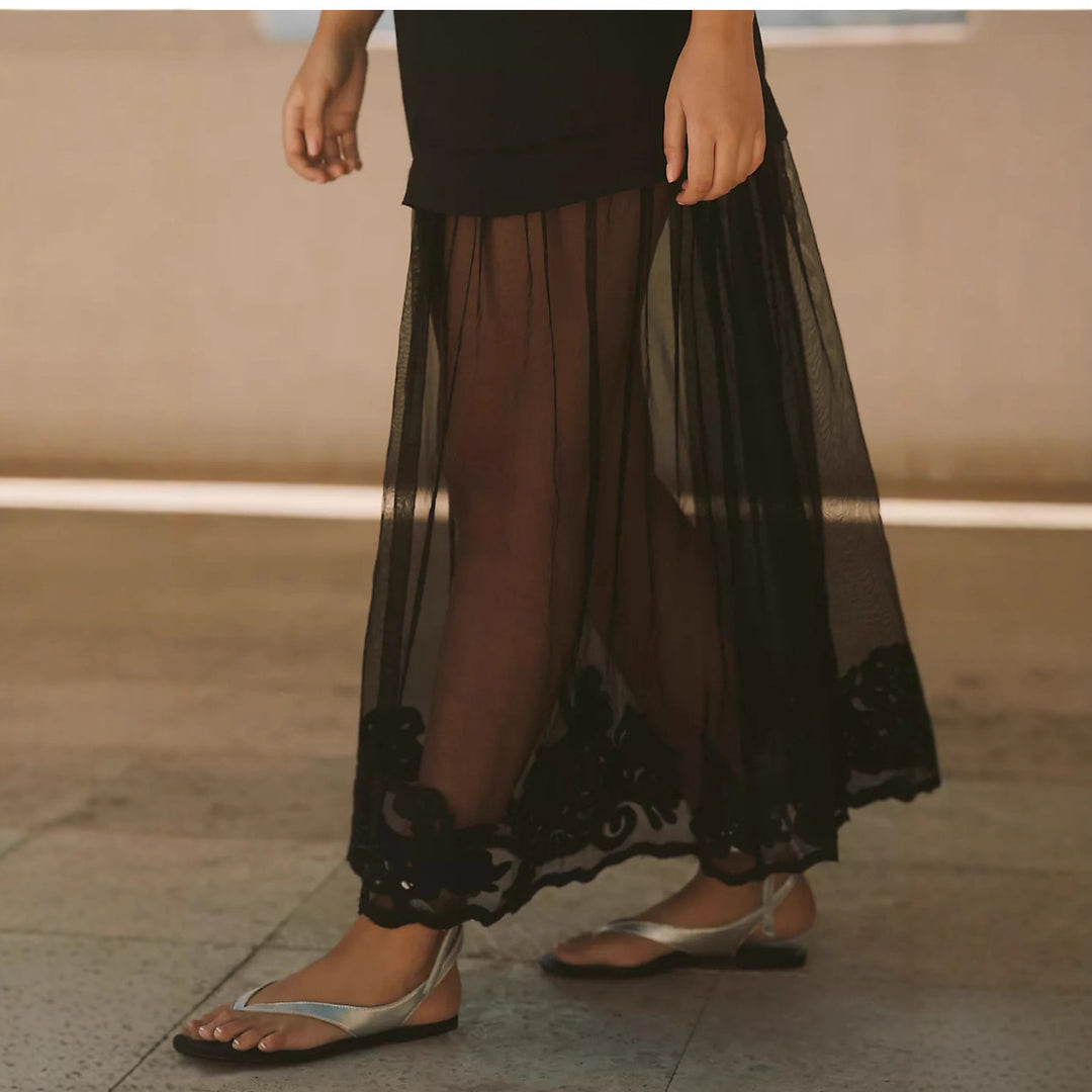 Ladies two-piece maxi dress with V-neck, spaghetti straps, and transparent tulle skirt StylebySassy