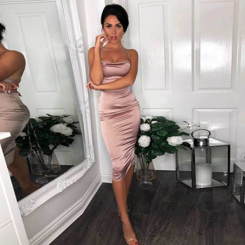 Ladies Elegant Satin Dress with Off-Shoulder Design StylebySassy