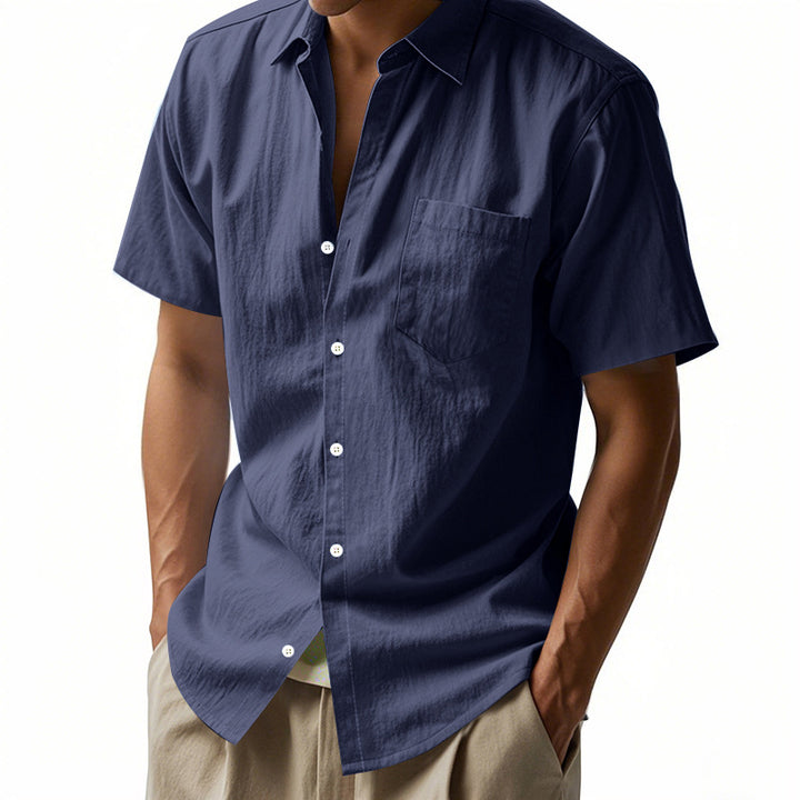 Men's short-sleeved casual shirt made of linen blend with chest pocket and rounded hem StylebySassy