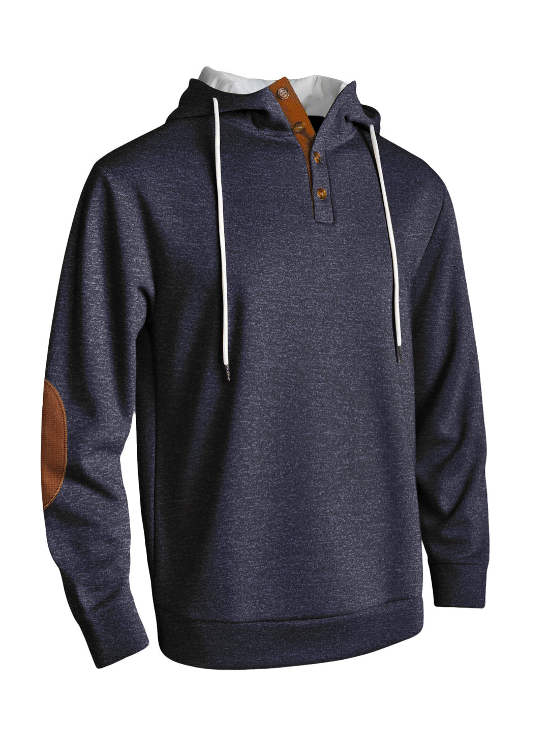 Men's hooded sweatshirt in a puristic leisure style with Henley button placket, contrasted hood interior, and elbow patches StylebySassy
