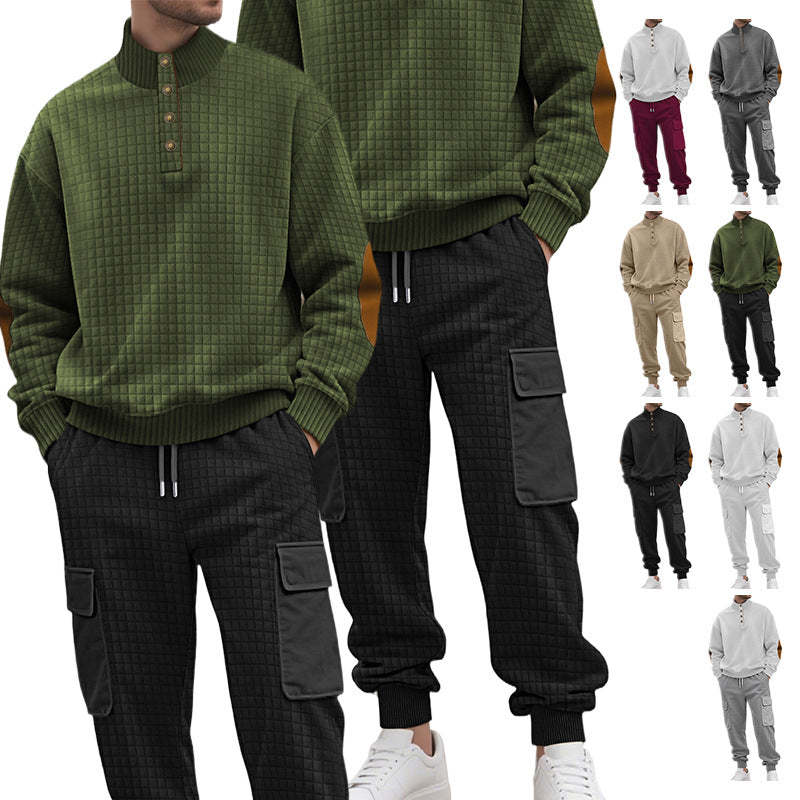 Men's check relief sweat set with stand collar button placket, velour elbow patches and cargo jogger StylebySassy