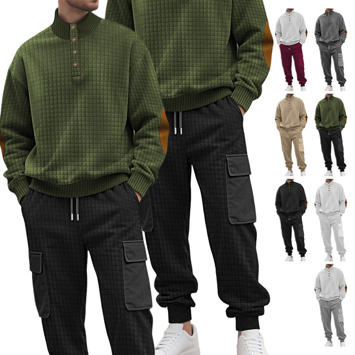 Men's check relief sweat set with stand collar button placket, velour elbow patches and cargo jogger StylebySassy
