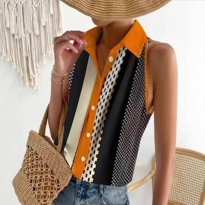 Women's sleeveless shirt blouse with collar, full button placket and graphic stripe and dot pattern StylebySassy