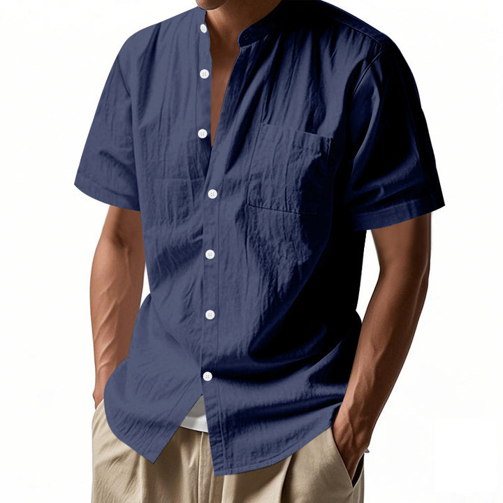 Men's nan legeres short-sleeve linen blend shirt with stand-up collar, chest pocket, and continuous button placket StylebySassy