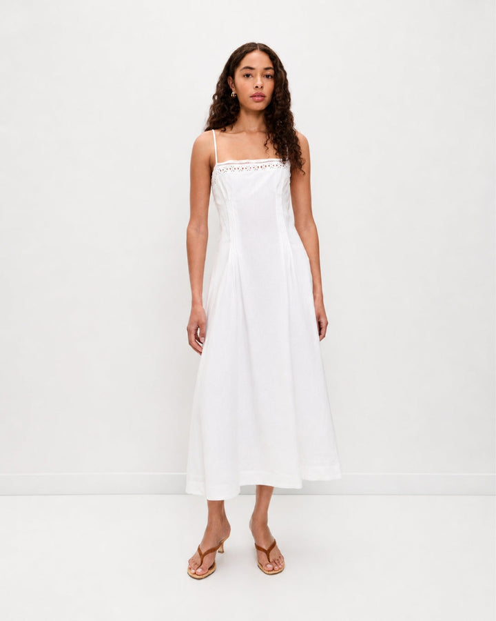 Women's Vintage-inspired Midi Dress with Slim Spaghetti Straps, Lace Insert and Flared Skirt StylebySassy