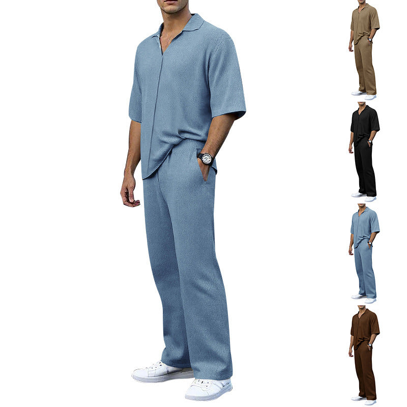 Men's finely structured two-piece set with open polo collar short sleeve shirt and straight comfort waistband pants StylebySassy