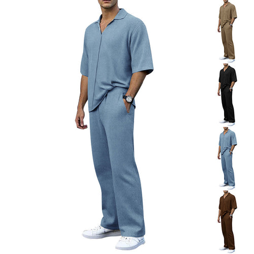 Men's finely structured two-piece set with open polo collar short sleeve shirt and straight comfort waistband pants StylebySassy