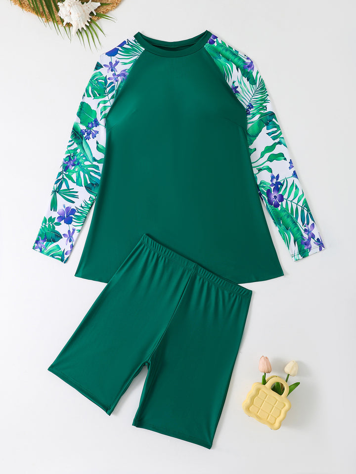Women's UV Protection Surf Suit Set with Long Sleeves and Colorful Leaf Pattern StylebySassy