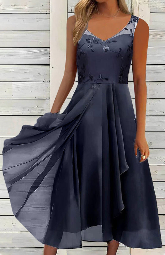 Women A-line chiffon dress with floral embroidered bodice, V-neck, draped godet swing and concealed side pockets StylebySassy