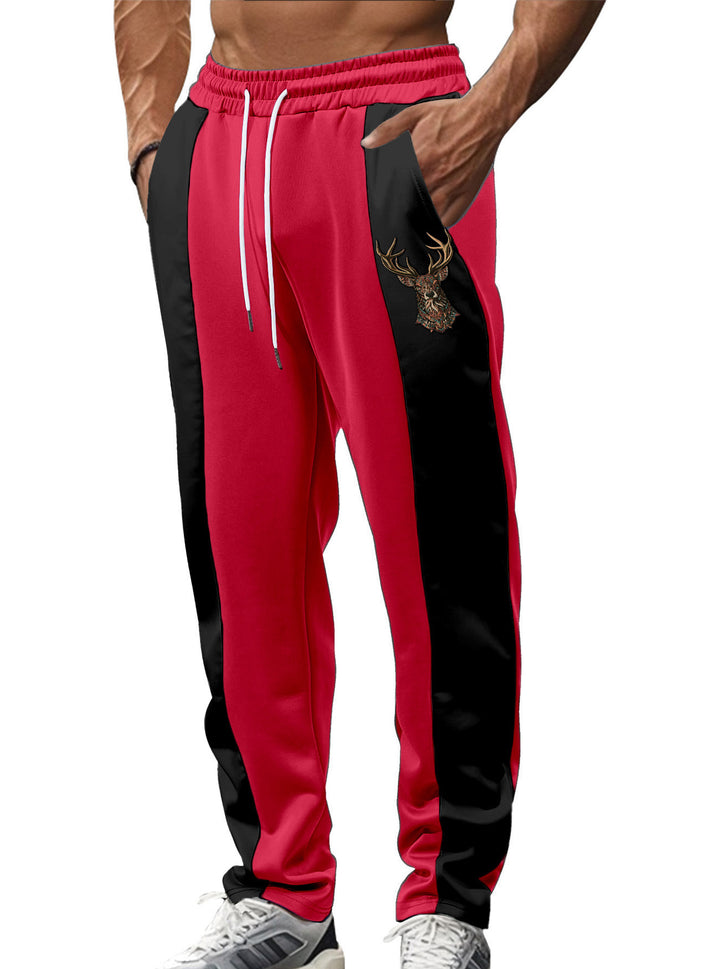 Men's sporty track pants with side contrast stripes, elastic waistband, drawstring, and deer embroidery StylebySassy