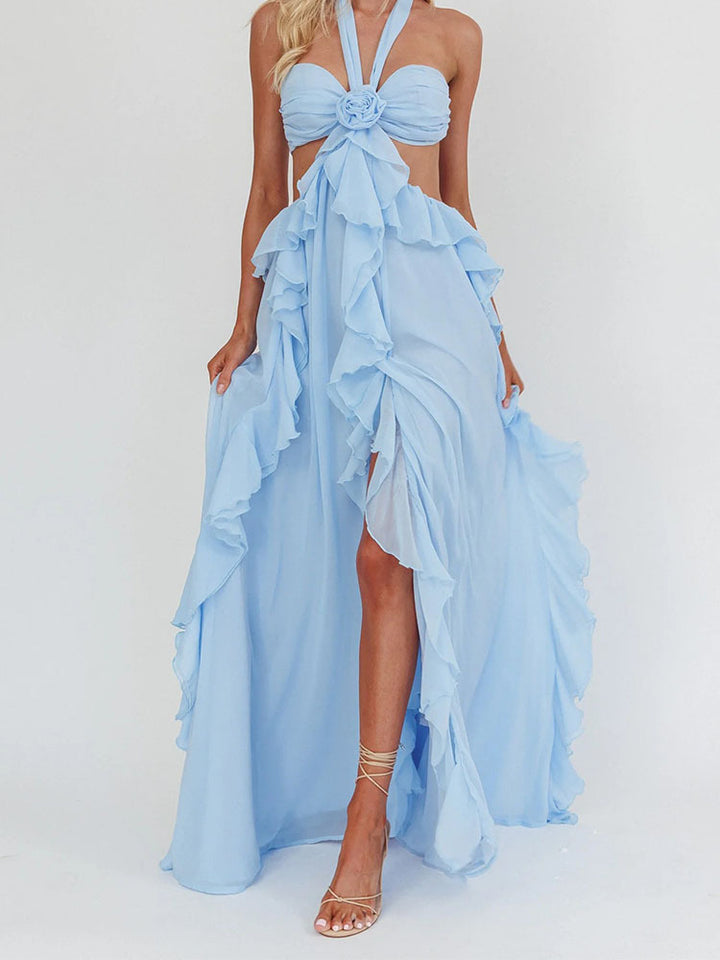 Ladies maxi dress with frills and bandeau neckline StylebySassy