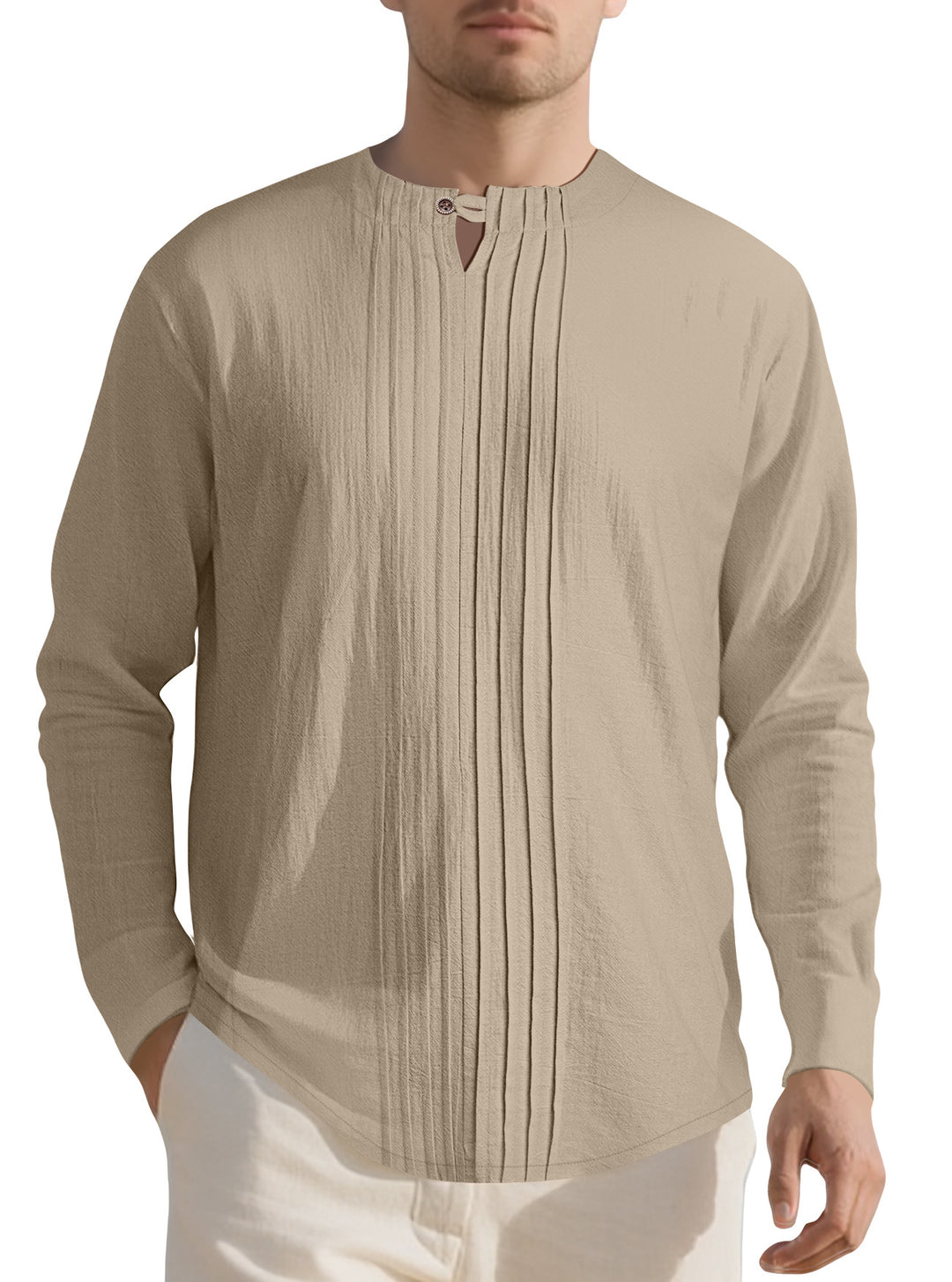 Men's Naan light structured tunic shirt with stand-up collar, pleats and loop button StylebySassy