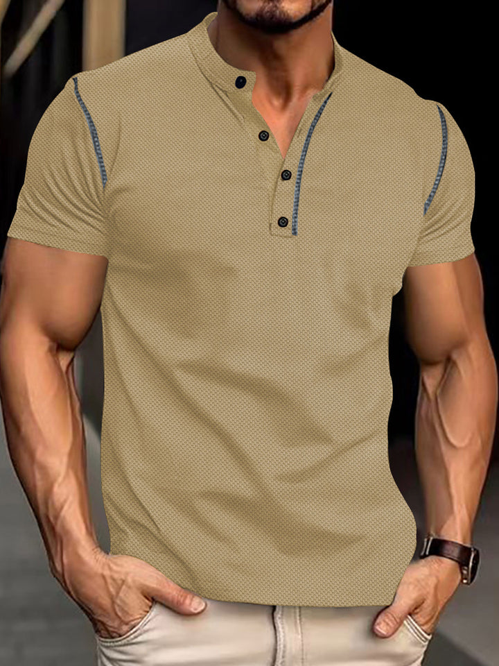 Men's tapered structured polo shirt with stand-up collar and decorative piping StylebySassy