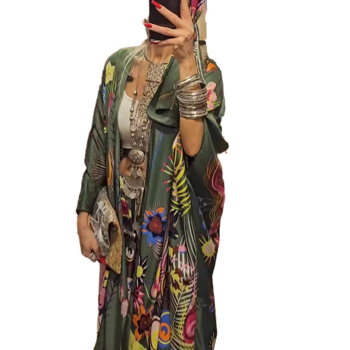 Women's extravagant maxi kaftan two-piece set with wide kimono sleeves, flared palazzo pants, and expressive floral print StylebySassy