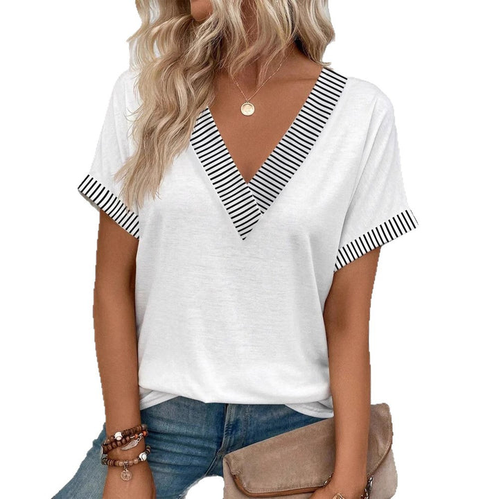 Ladies casual T-shirt with deep V-neck and striped contrasting trims StylebySassy