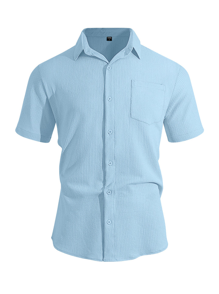 Men's short-sleeve shirt in textured cotton yarn look with Kent collar and applied breast pocket StylebySassy